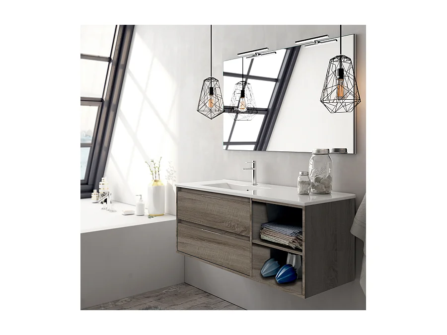 Ensemble meuble de salle de bain 120cm vasque déportée + colonne de rangement OLYMPE - britannia (chêne foncé)