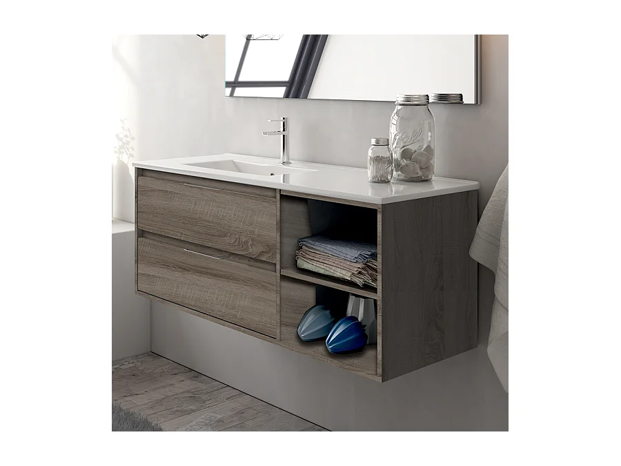 Ensemble meuble de salle de bain 120cm vasque déportée + colonne de rangement OLYMPE - britannia (chêne foncé)