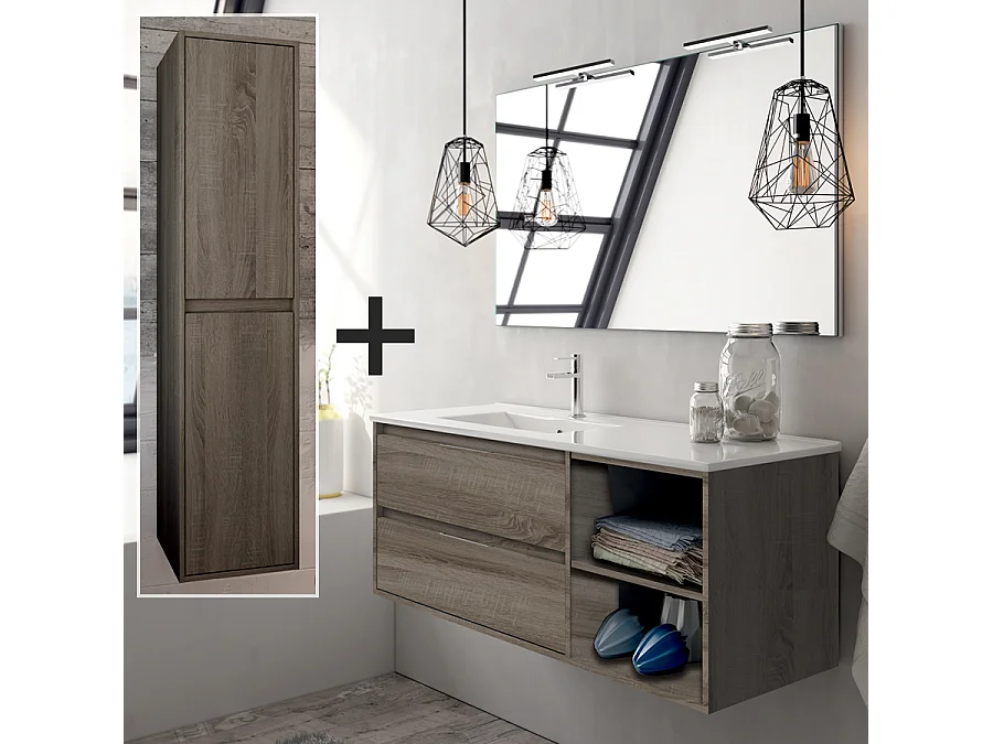 Ensemble meuble de salle de bain 120cm vasque déportée + colonne de rangement OLYMPE - britannia (chêne foncé)