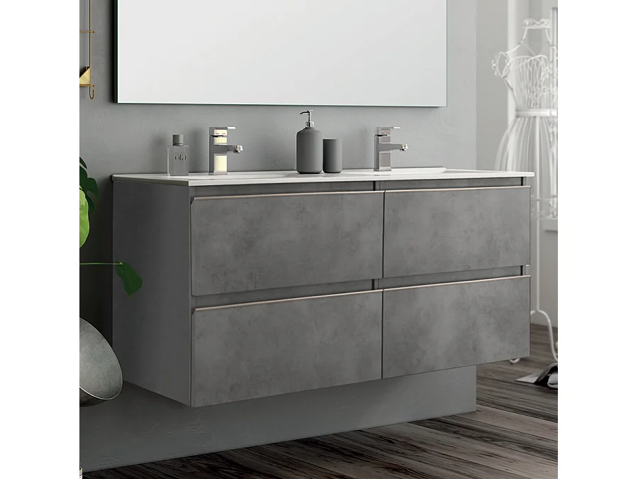 Ensemble meuble de salle de bain 120cm double vasque + colonne de rangement - BALEA - ciment (gris)