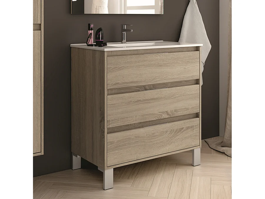 Ensemble meuble de salle de bain 80cm simple vasque + colonne de rangement TIRIS - cambrian (chêne)