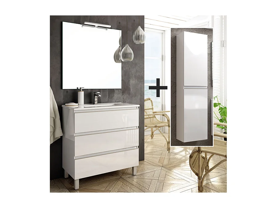 Ensemble meuble de salle de bain 70cm simple vasque + colonne de rangement PALMA - blanc