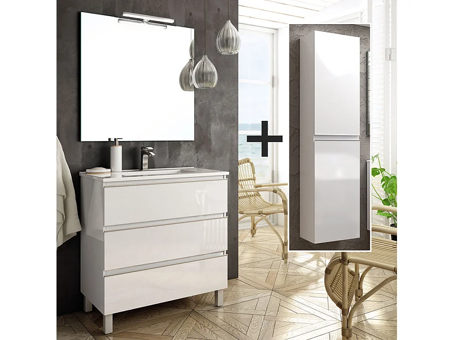 Ensemble meuble de salle de bain 70cm simple vasque + colonne de rangement PALMA - blanc