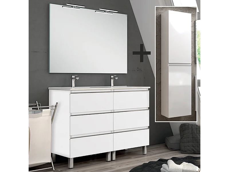 Ensemble meuble de salle de bain 140cm double vasque + colonne de rangement PALMA - blanc