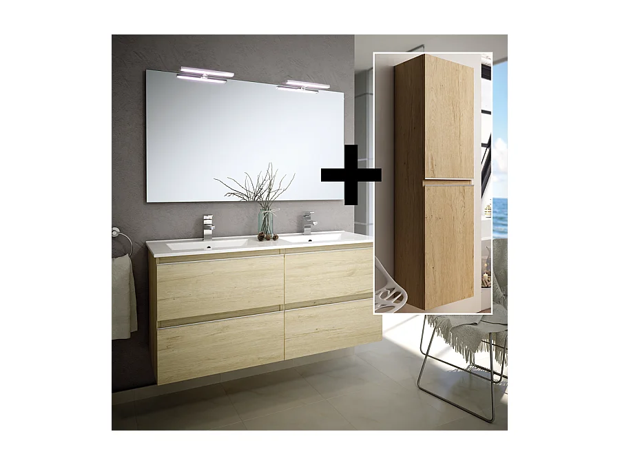 Ensemble meuble de salle de bain 140cm double vasque + colonne de rangement - BALEA - bambou (chêne clair)