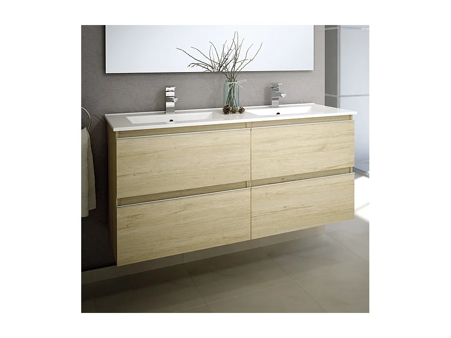 Ensemble meuble de salle de bain 140cm double vasque + colonne de rangement - BALEA - bambou (chêne clair)