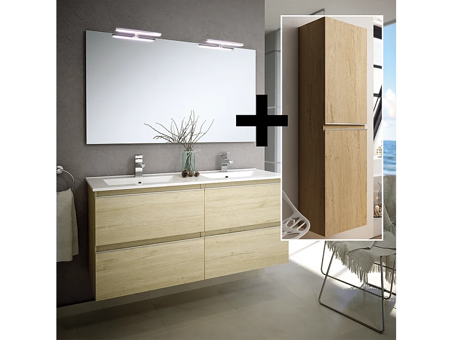Ensemble meuble de salle de bain 140cm double vasque + colonne de rangement - BALEA - bambou (chêne clair)