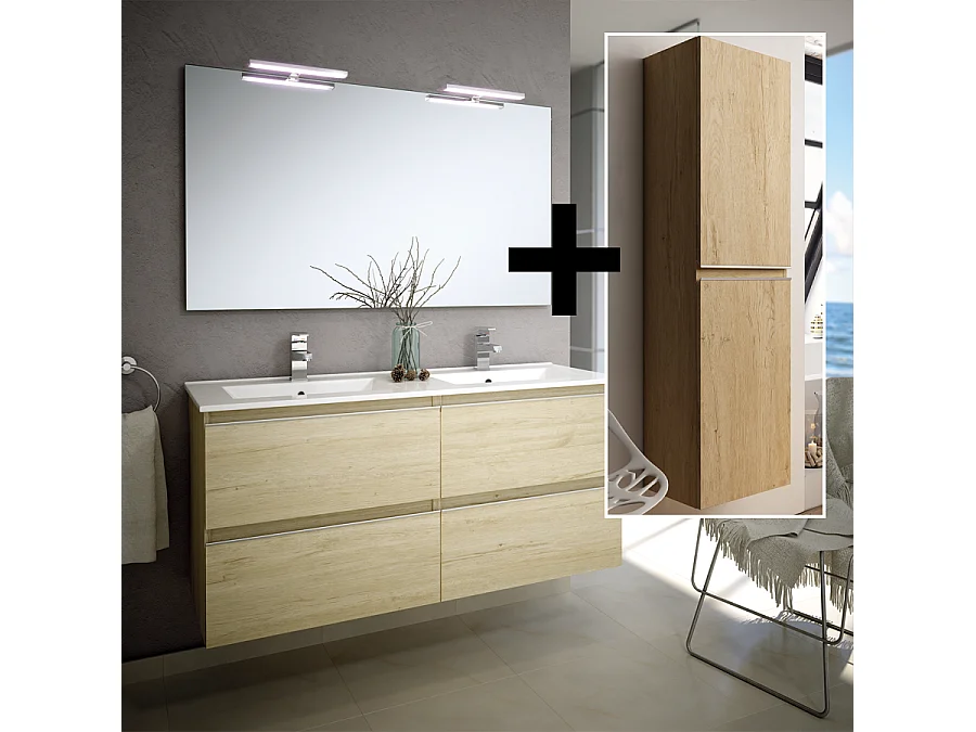 Ensemble meuble de salle de bain 140cm double vasque + colonne de rangement - BALEA - bambou (chêne clair)