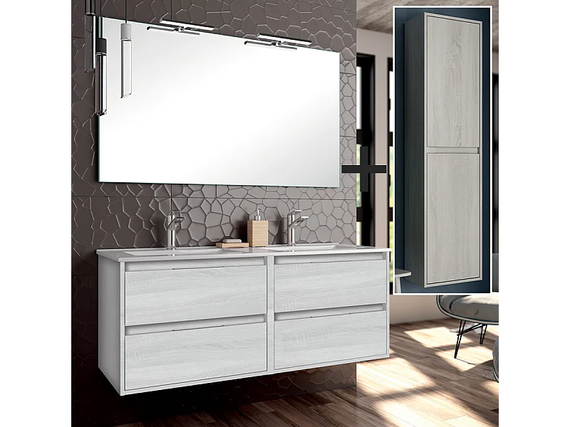 Ensemble meuble de salle de bain 120cm double vasque + colonne de rangement IRIS - hibernian (bois blanchi)