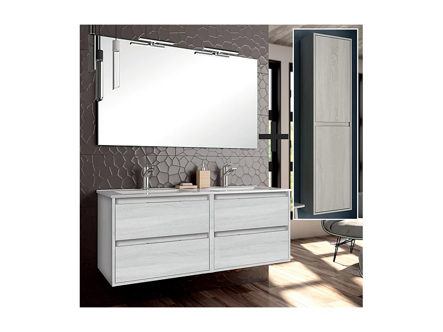 Ensemble meuble de salle de bain 120cm double vasque + colonne de rangement IRIS - hibernian (bois blanchi)