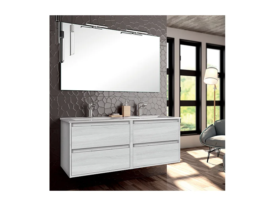 Ensemble meuble de salle de bain 120cm double vasque + colonne de rangement IRIS - hibernian (bois blanchi)