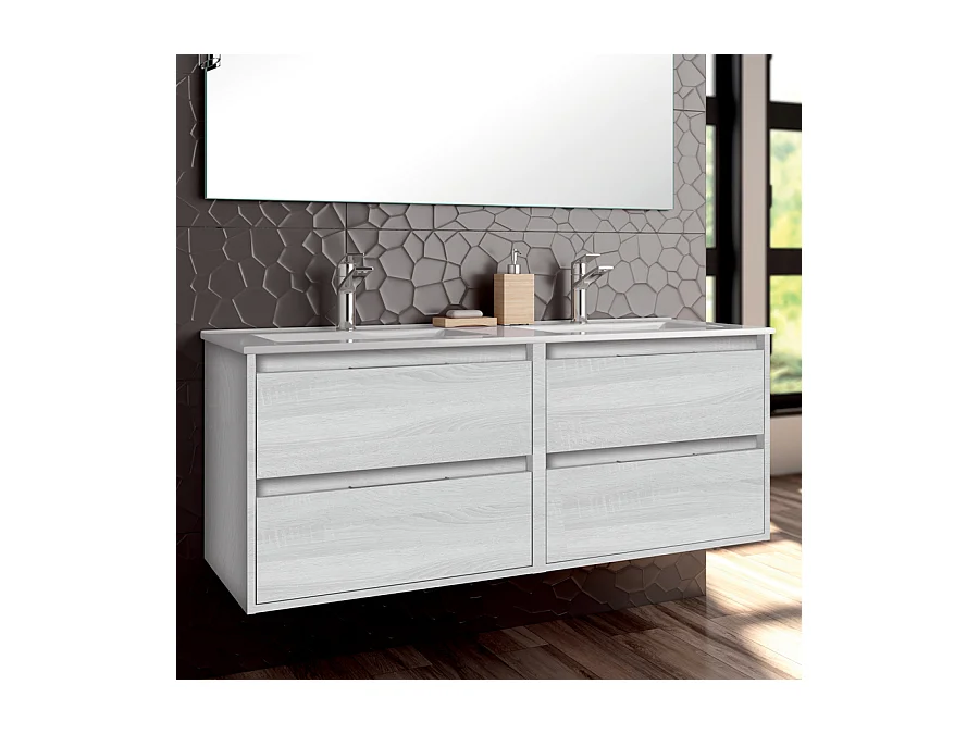 Ensemble meuble de salle de bain 120cm double vasque + colonne de rangement IRIS - hibernian (bois blanchi)