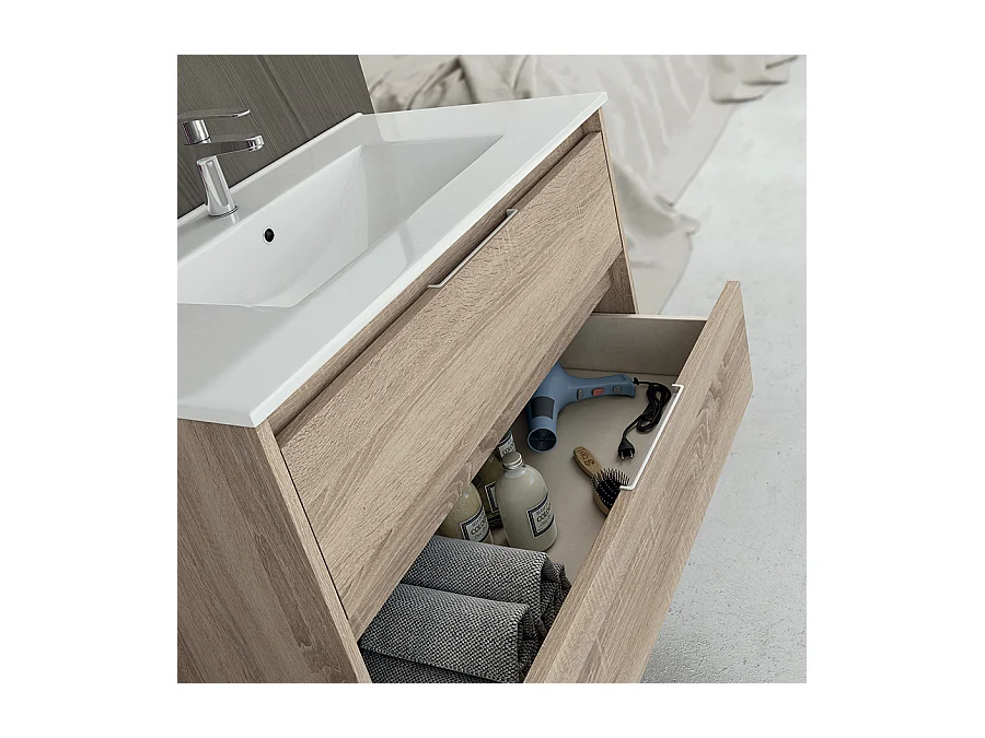 Ensemble meuble de salle de bain 120cm double vasque + colonne de rangement IRIS - hibernian (bois blanchi)
