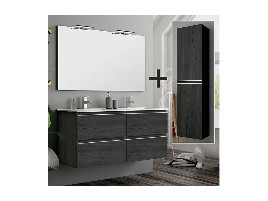 Ensemble meuble de salle de bain 120cm double vasque + colonne de rangement - BALEA - ebony (bois noir)