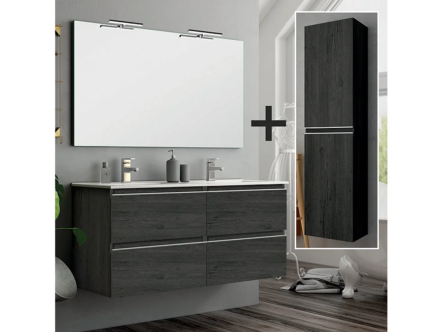 Ensemble meuble de salle de bain 120cm double vasque + colonne de rangement - BALEA - ebony (bois noir)