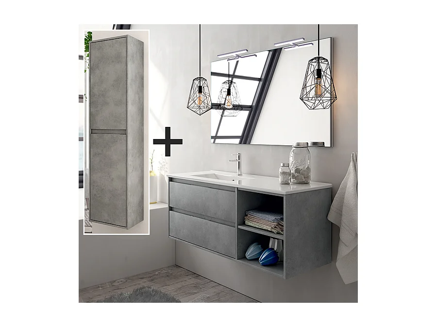 Ensemble meuble de salle de bain 120cm vasque déportée + colonne de rangement OLYMPE - ciment (gris)