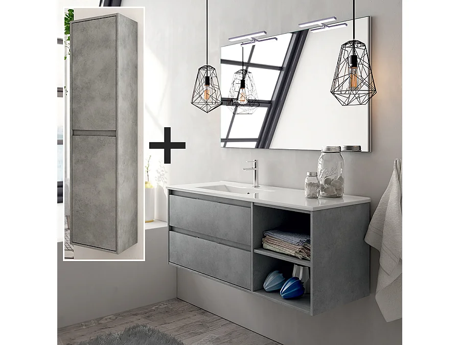 Ensemble meuble de salle de bain 120cm vasque déportée + colonne de rangement OLYMPE - ciment (gris)