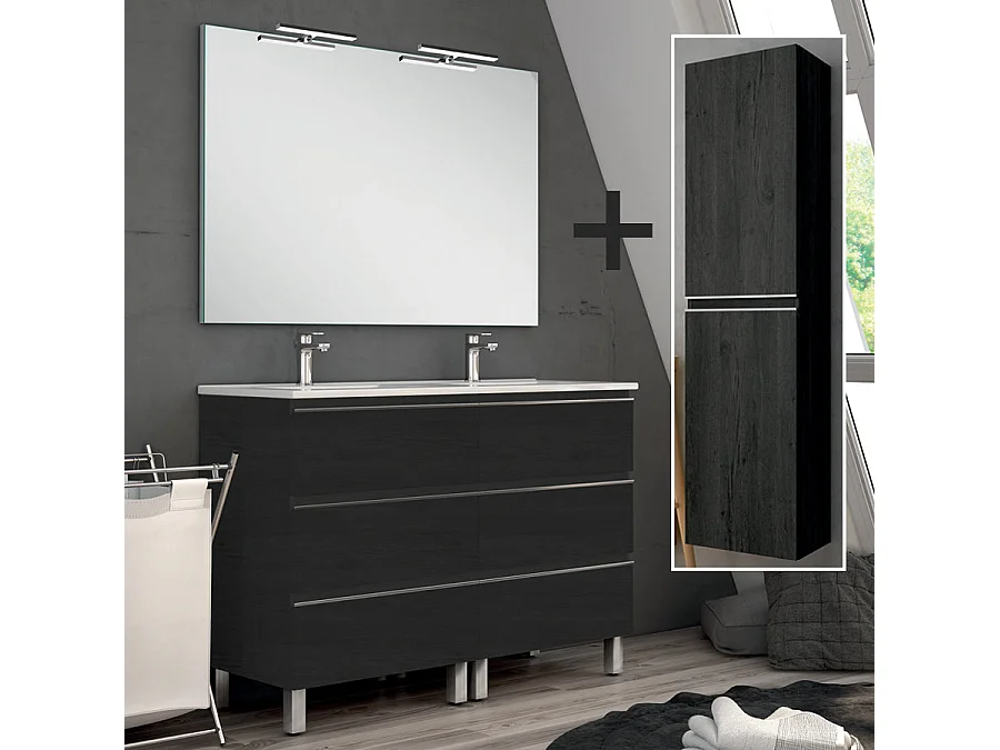 Ensemble meuble de salle de bain 120cm double vasque + colonne de rangement PALMA - ebony (bois noir)