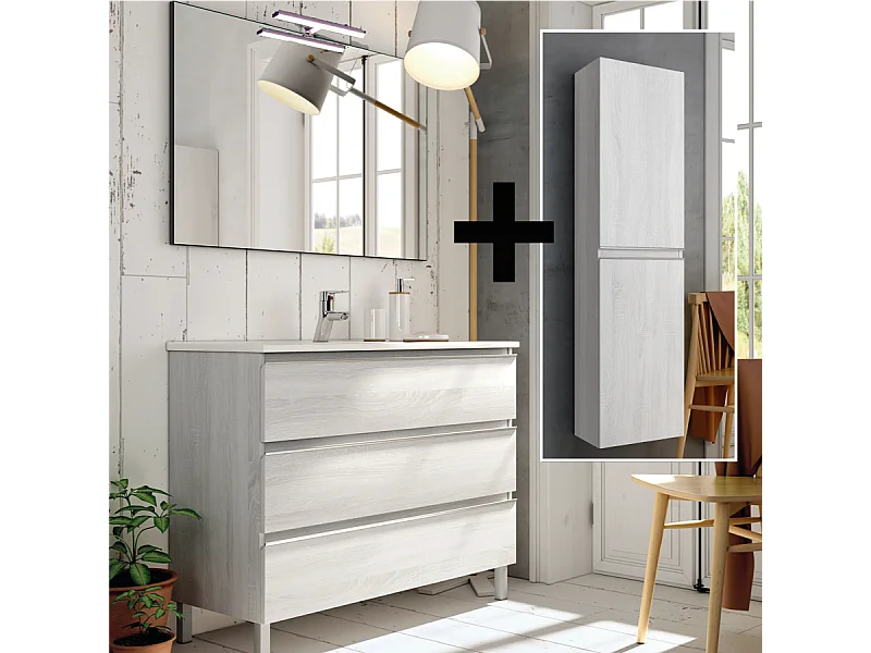 Ensemble meuble de salle de bain 80cm simple vasque + colonne de rangement PALMA - hibernian (bois blanchi)