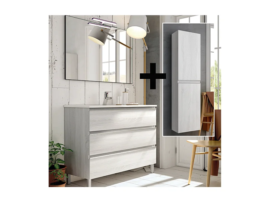 Ensemble meuble de salle de bain 80cm simple vasque + colonne de rangement PALMA - hibernian (bois blanchi)