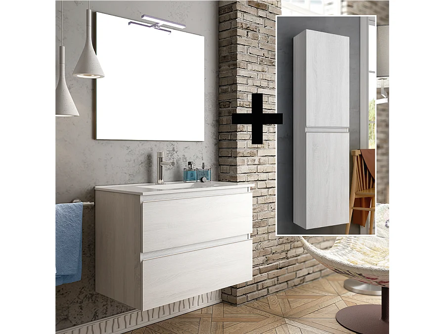 Ensemble meuble de salle de bain 60cm simple vasque + colonne de rangement - BALEA - hibernian (bois blanchi)