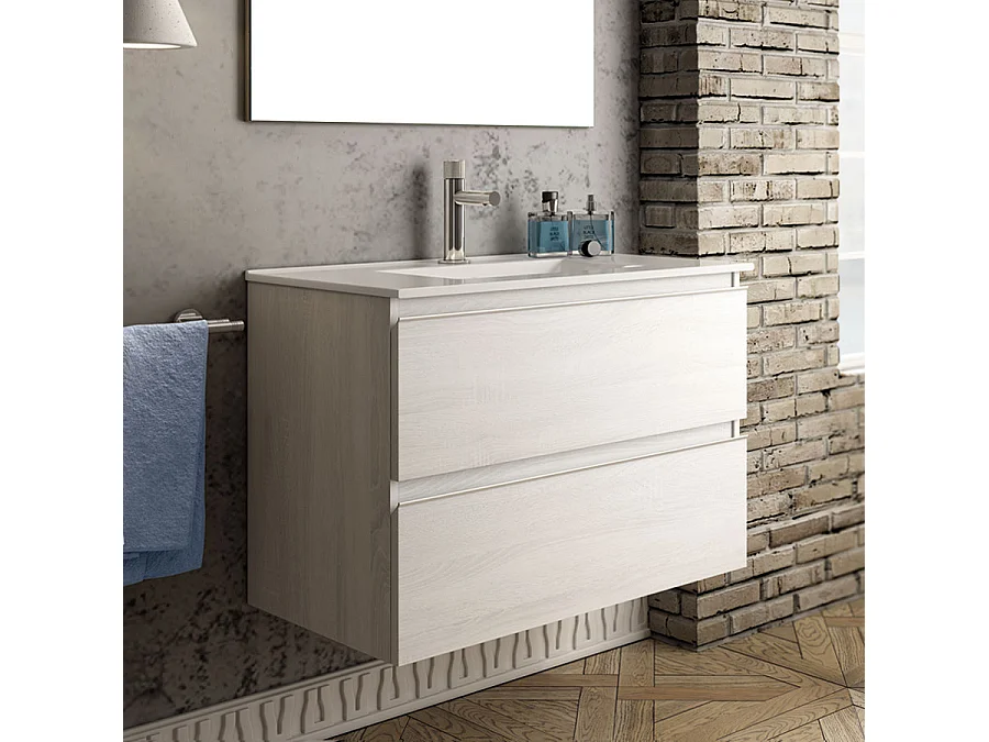 Ensemble meuble de salle de bain 60cm simple vasque + colonne de rangement - BALEA - hibernian (bois blanchi)