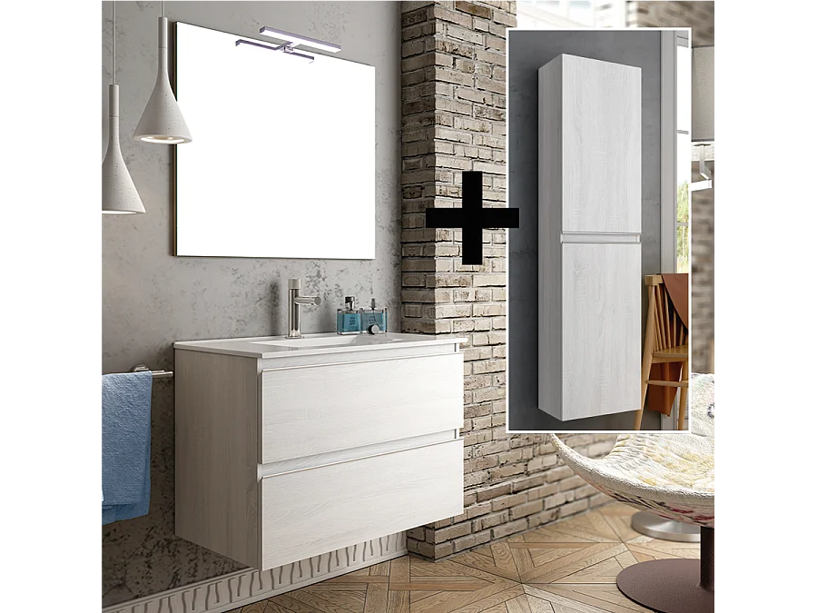 Ensemble meuble de salle de bain 60cm simple vasque + colonne de rangement - BALEA - hibernian (bois blanchi)