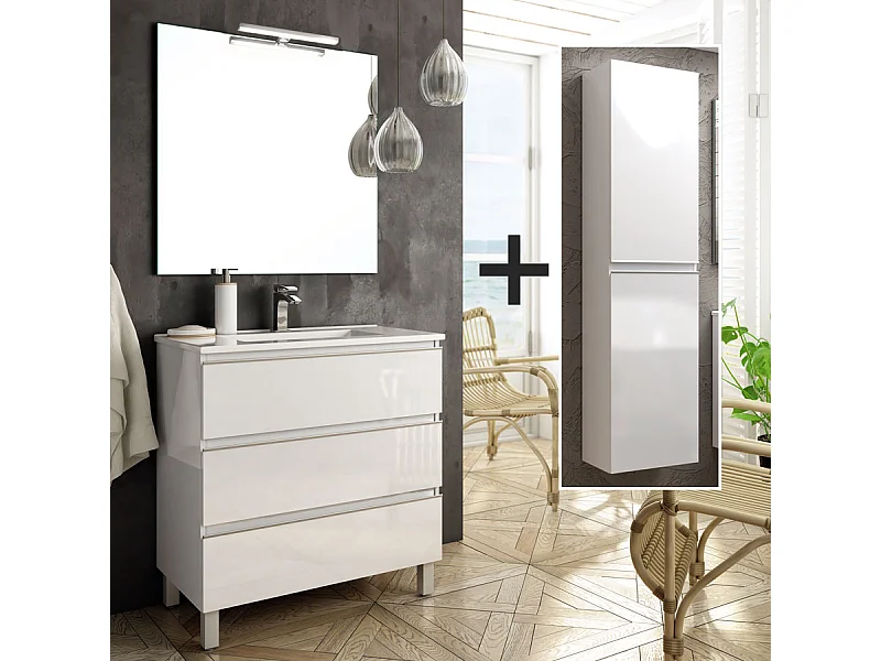 Ensemble meuble de salle de bain 60cm simple vasque + colonne de rangement PALMA - blanc