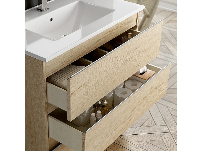 Ensemble meuble de salle de bain 100cm simple vasque + colonne de rangement PALMA - bambou (chêne clair)