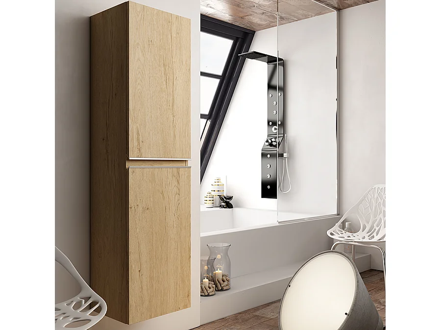 Ensemble meuble de salle de bain 100cm simple vasque + colonne de rangement PALMA - bambou (chêne clair)