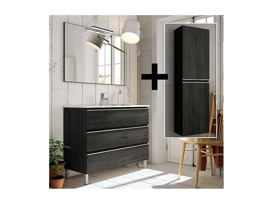 Ensemble meuble de salle de bain 70cm simple vasque + colonne de rangement PALMA - ebony (bois noir)