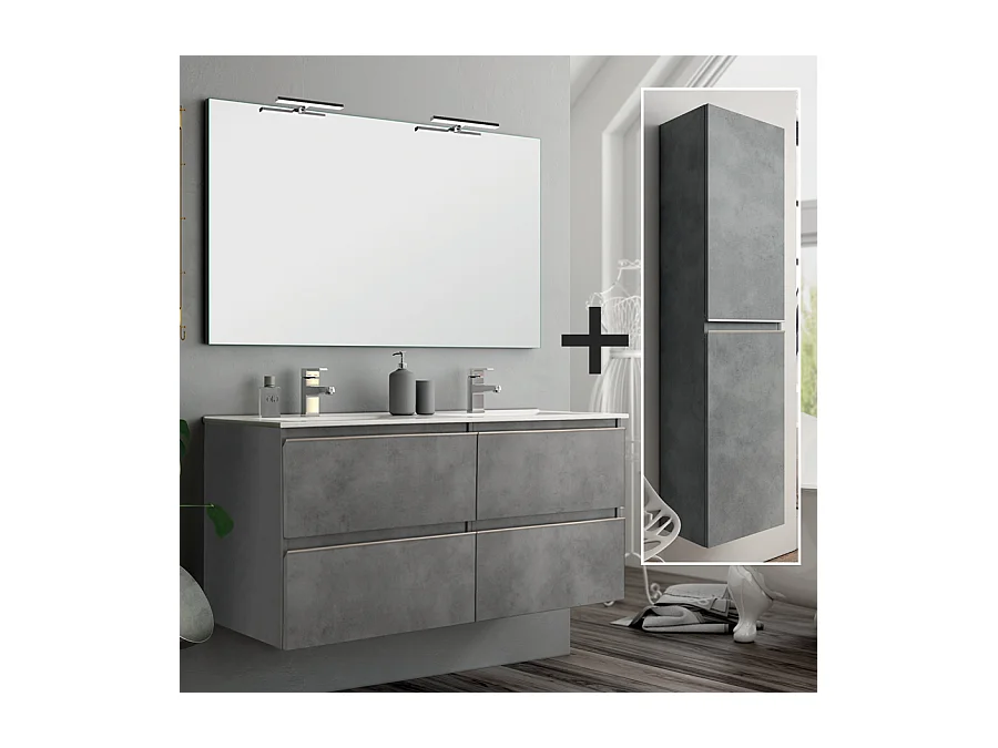 Ensemble meuble de salle de bain 140cm double vasque + colonne de rangement - BALEA - ciment (gris)