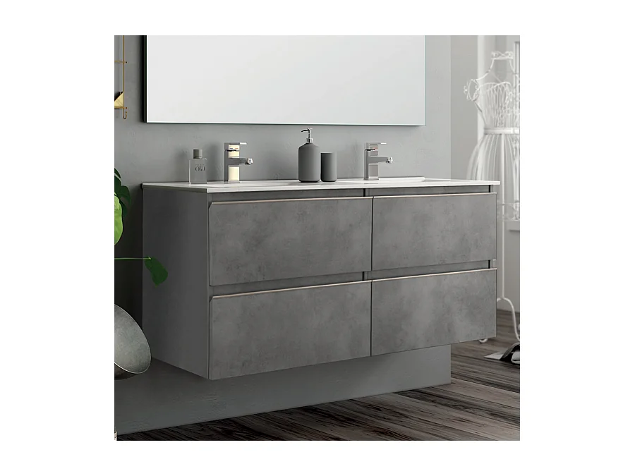 Ensemble meuble de salle de bain 140cm double vasque + colonne de rangement - BALEA - ciment (gris)