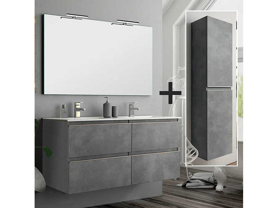 Ensemble meuble de salle de bain 140cm double vasque + colonne de rangement - BALEA - ciment (gris)