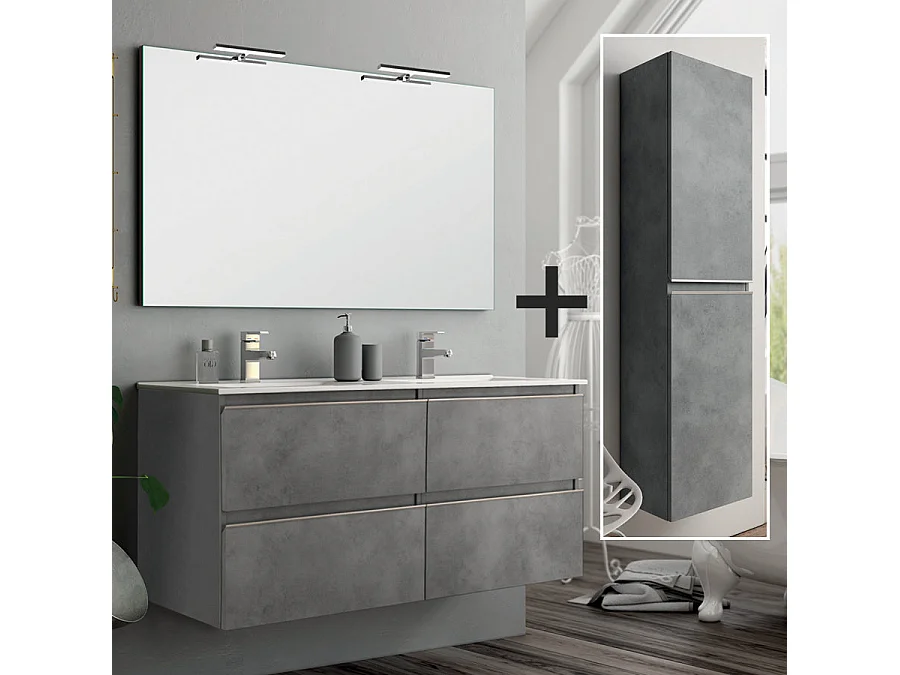 Ensemble meuble de salle de bain 140cm double vasque + colonne de rangement - BALEA - ciment (gris)