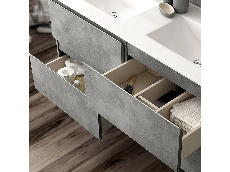 Ensemble meuble de salle de bain 140cm double vasque + colonne de rangement - BALEA - ciment (gris)