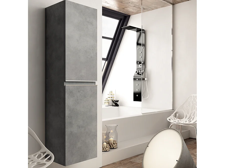 Ensemble meuble de salle de bain 140cm double vasque + colonne de rangement - BALEA - ciment (gris)