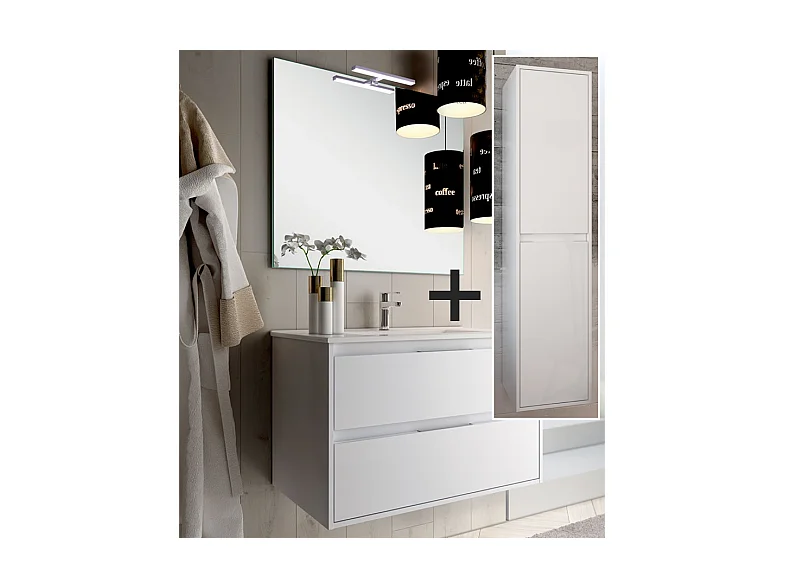 Ensemble meuble de salle de bain 80cm simple vasque + colonne de rangement IRIS - blanc