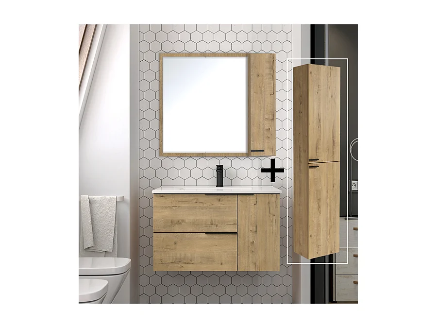 Ensemble meuble de salle de bain 80cm vasque déportée + colonne de rangement - KING - Roble (chêne clair)