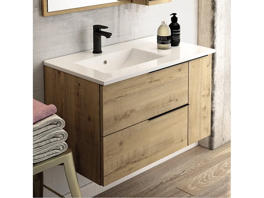 Ensemble meuble de salle de bain 80cm vasque déportée + colonne de rangement - KING - Roble (chêne clair)