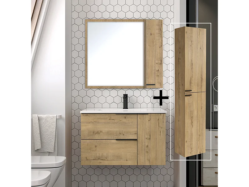 Ensemble meuble de salle de bain 80cm vasque déportée + colonne de rangement - KING - Roble (chêne clair)
