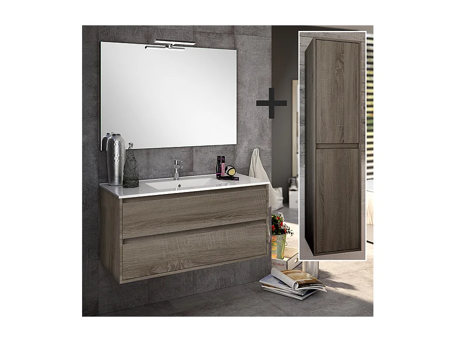 Ensemble meuble de salle de bain 80cm simple vasque + colonne de rangement IRIS - britannia (chêne foncé)