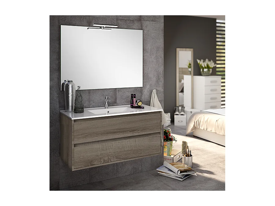 Ensemble meuble de salle de bain 80cm simple vasque + colonne de rangement IRIS - britannia (chêne foncé)