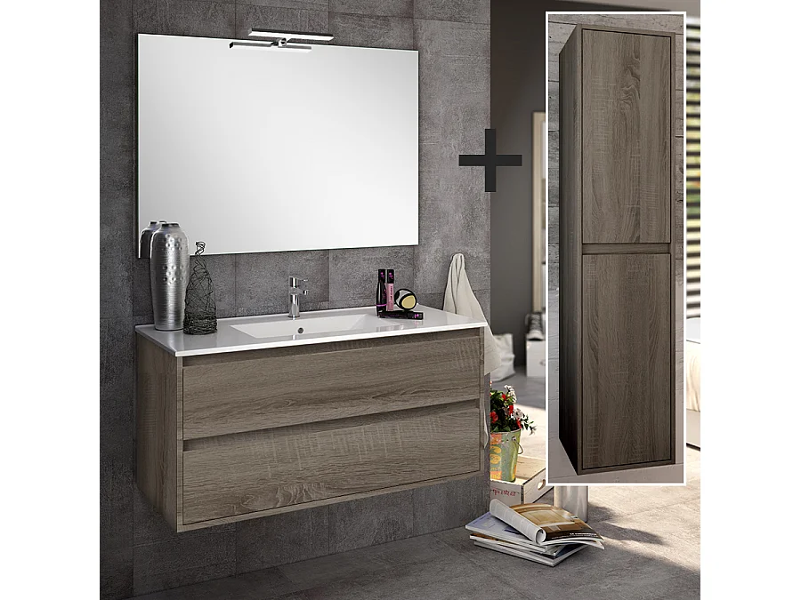 Ensemble meuble de salle de bain 80cm simple vasque + colonne de rangement IRIS - britannia (chêne foncé)