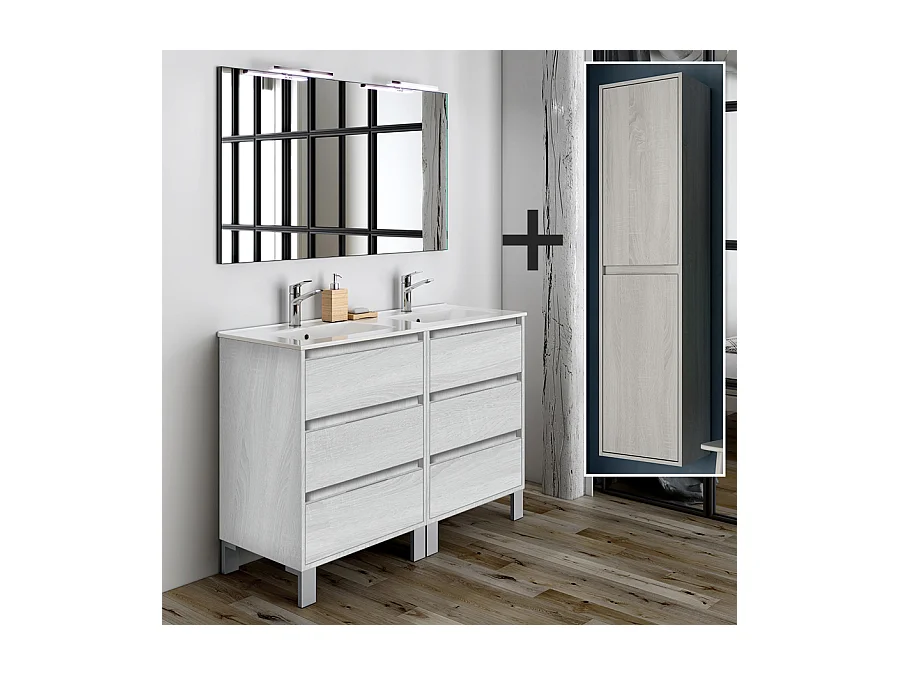 Ensemble meuble de salle de bain 120cm double vasque + colonne de rangement TIRIS - hibernian (bois blanchi)