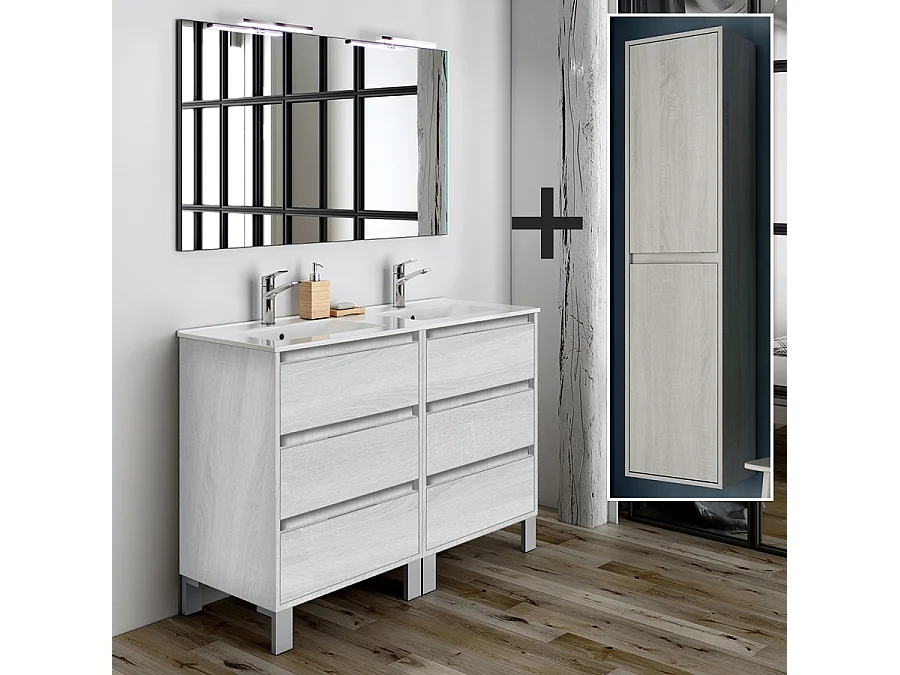 Ensemble meuble de salle de bain 120cm double vasque + colonne de rangement TIRIS - hibernian (bois blanchi)