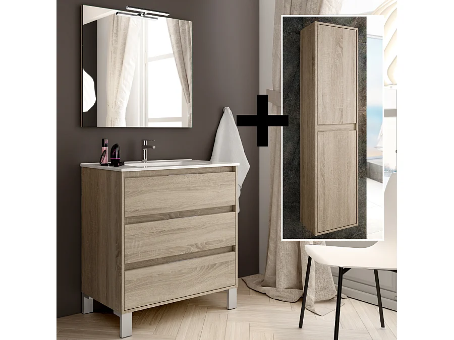 Ensemble meuble de salle de bain 100cm simple vasque + colonne de rangement TIRIS - cambrian (chêne)