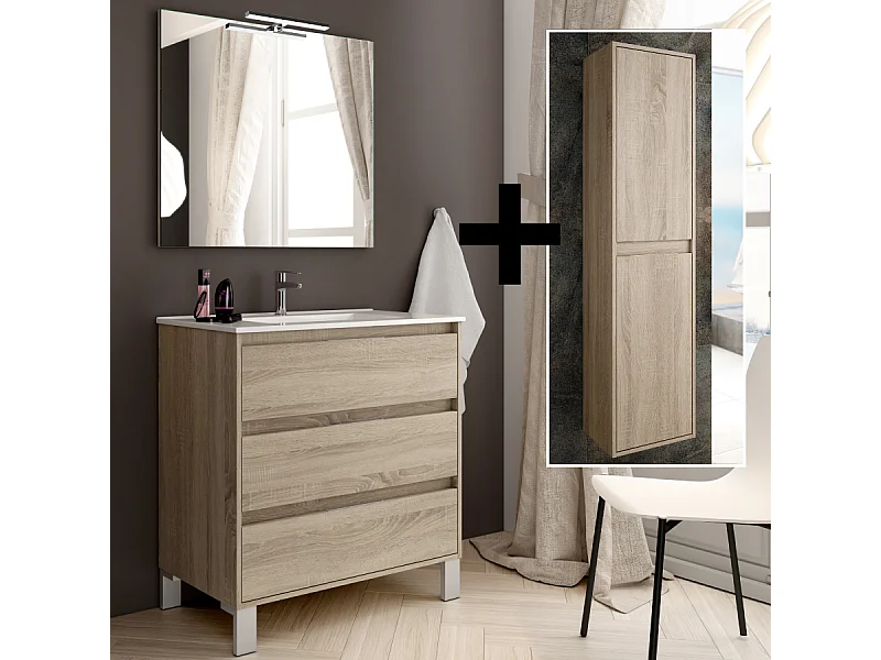 Ensemble meuble de salle de bain 100cm simple vasque + colonne de rangement TIRIS - cambrian (chêne)
