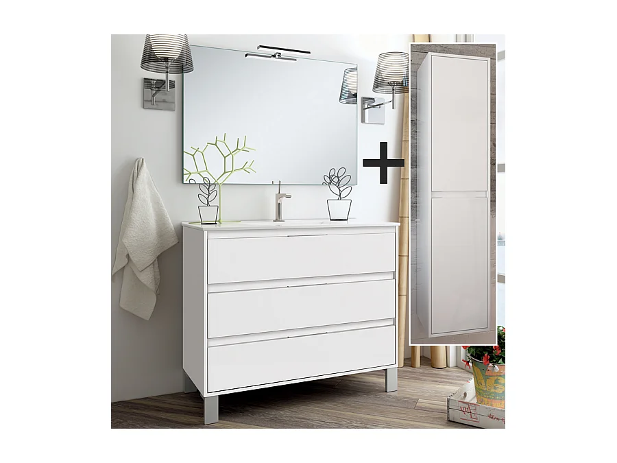 Ensemble meuble de salle de bain 100cm simple vasque + colonne de rangement TIRIS - blanc