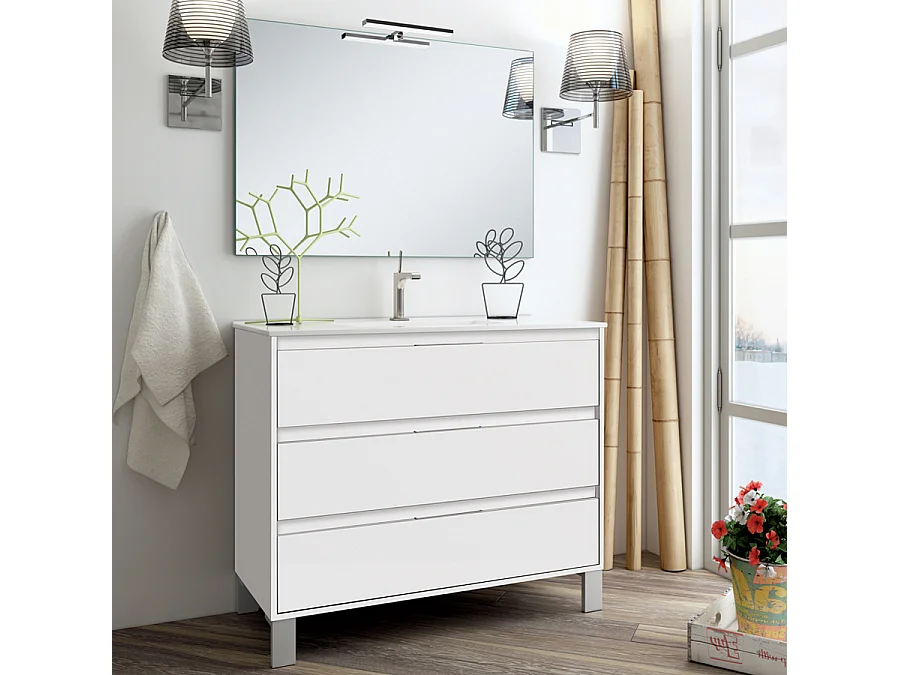 Ensemble meuble de salle de bain 100cm simple vasque + colonne de rangement TIRIS - blanc